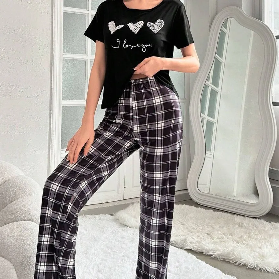 

2025 New Women's Home Wear Pajamas Round Neck Printed Short-sleeved T-shirt Top And Trousers Set Two-piece Set