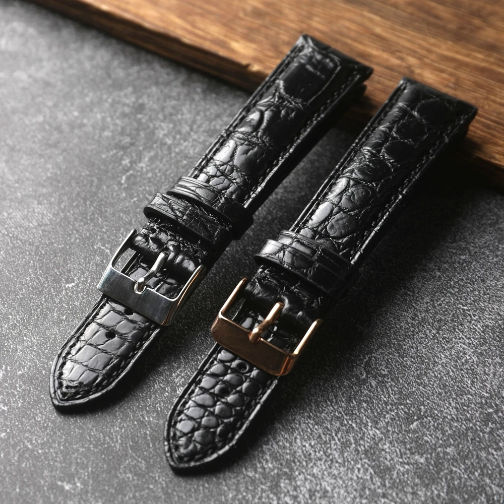 S/M Short Alligator Strap, Black Hands, 20 mm 22 mm, High-end Genuine Leather Soft Bracelet, Vintage Style, Luxury American Alli