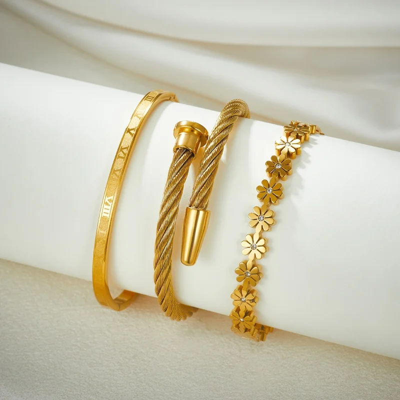 10pc Luxury Fashion 18K Real Gold Plated Stainless Steel Bracelet 5A Zircon Flower Roman Numeral Bangle Waterproof Women Jewelry