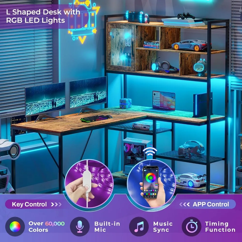 Shaped Computer Desk, 58'' Office Desk with LED Light and Bookshelf, L Shaped Corner Desk with Storage Shelves for Home Office