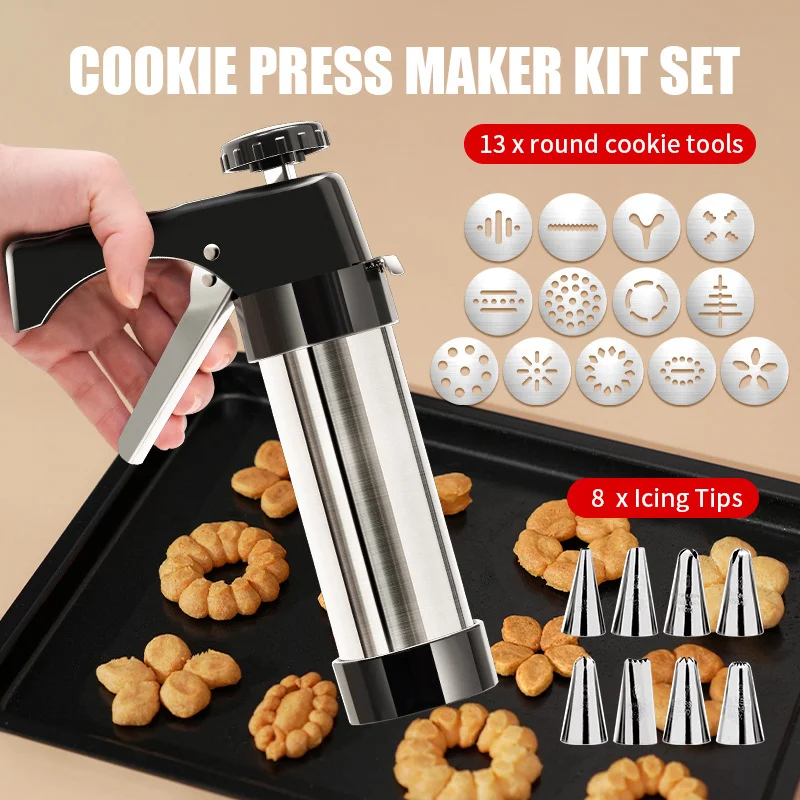 Cookie gun, cookie extruder, cream piping gun, piping tip, dough melting tool, home use. Set mold