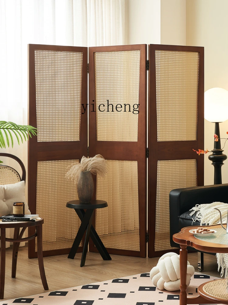 XL Retro Folding Screen Movable Entry Block Solid Wood Rattan Partition Simple