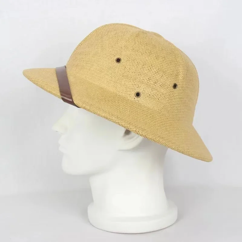 100% Straw Helmet Pith Sun Hat Summer Men Vietnam War Army Hat Dad Boater Bucket Hats Safari Jungle Miners Cap view 6