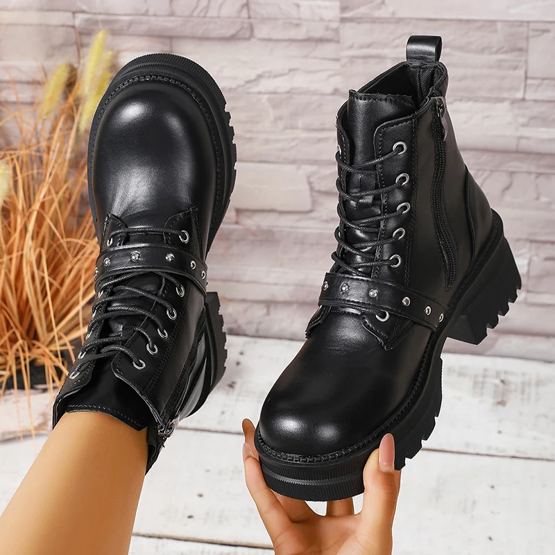 

Plus Size 42 Autumn Winter Combat Boots for Women Fashion Chunky Heel Platform Ankle Boots Woman Black PU Leather Punk Booties