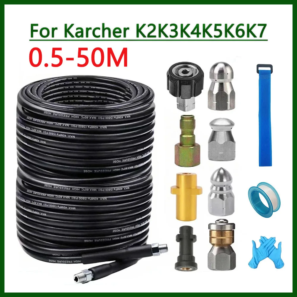 0.5~40M For Karcher K2K3K4K5K6k7,Black Sewer Drainage Cleaning Hose Pipe Cleaning Kit Rotating Nozzle Kit High Pressure Cleaning