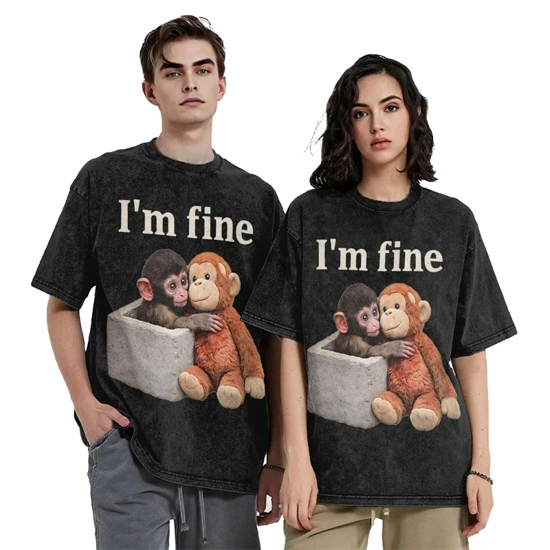 Punch Monkey Print T-shirt Retro Streetwear Fashion Unisex Loose Couple Tee Summer Casual Cotton Short Sleeve Top for Men Women