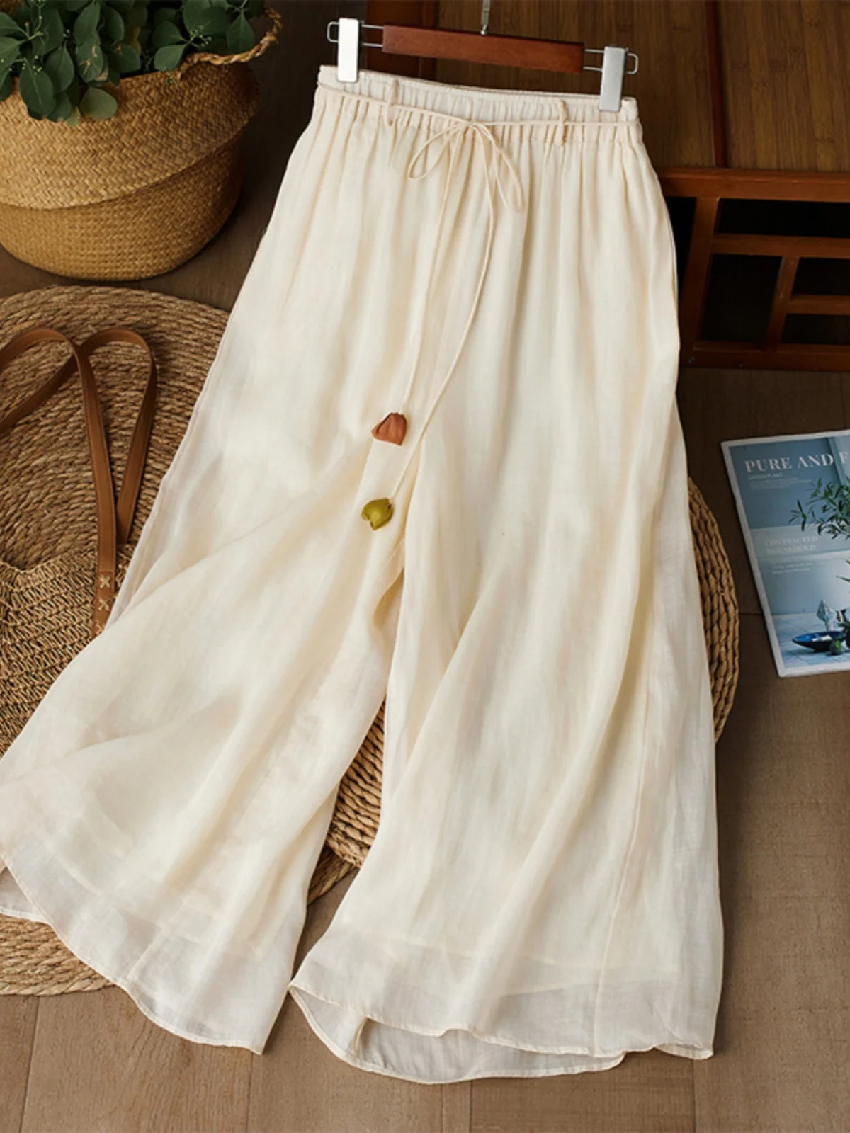 

Женские летние тонкие льняные брюки-юбка с высокой талией, широкими штанинами, эластичные, двухслойные, укороченные, свободного кроя