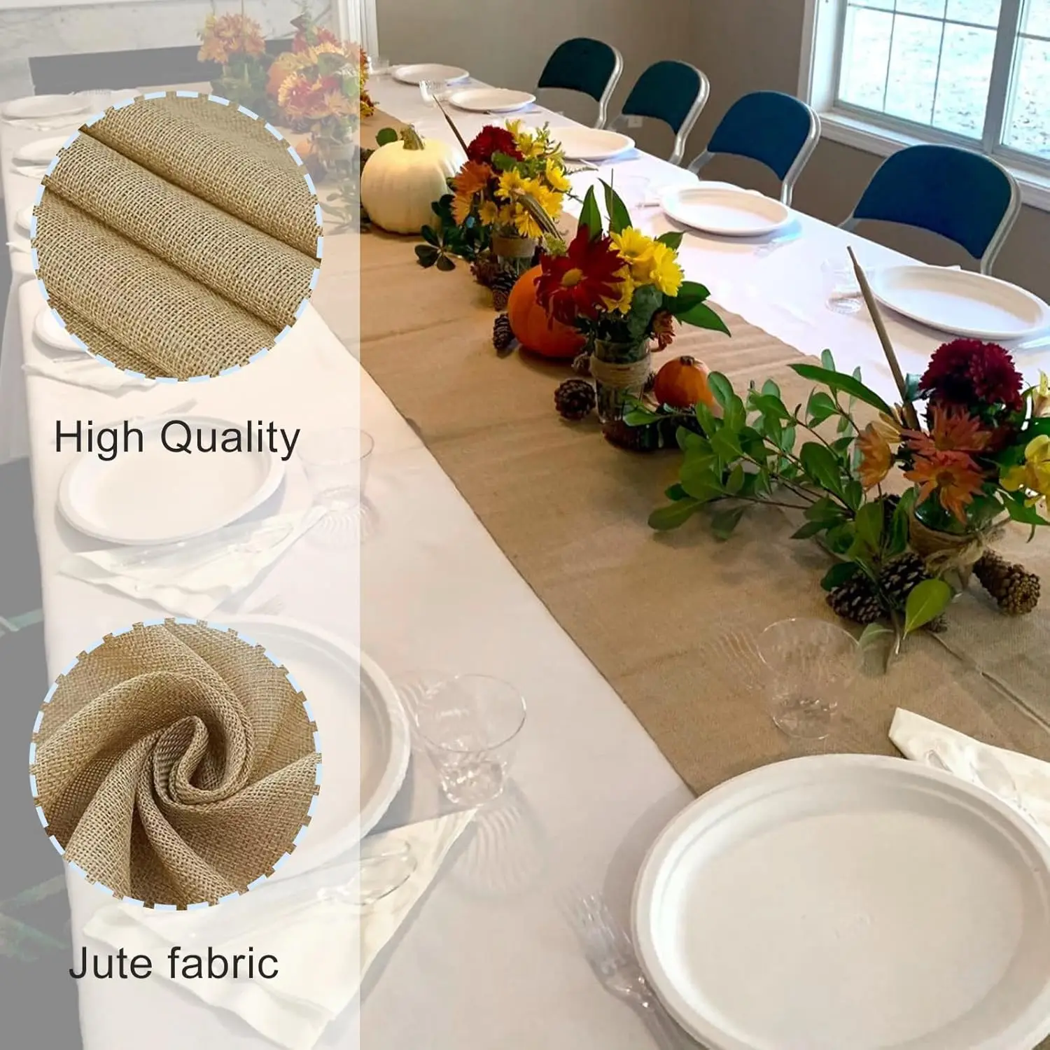 30 cm x 10 m Linen Burlap Table Runner Rustic Table Decoration, for Dining Room Kitchen for Outdoor Party Holiday Decoration