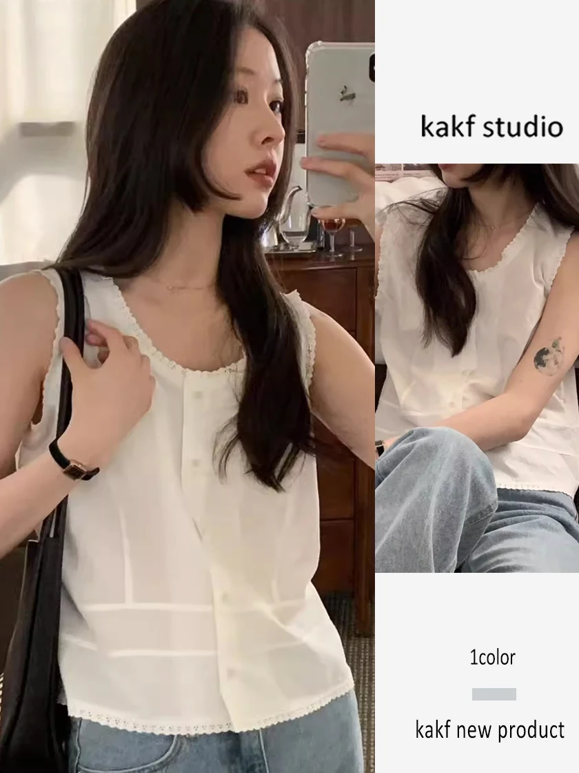 Biała koronkowa bluzka na ramiączkach, damska, letnia, luźna, wyszczuplająca, mały rozmiar, modna, do pracy.