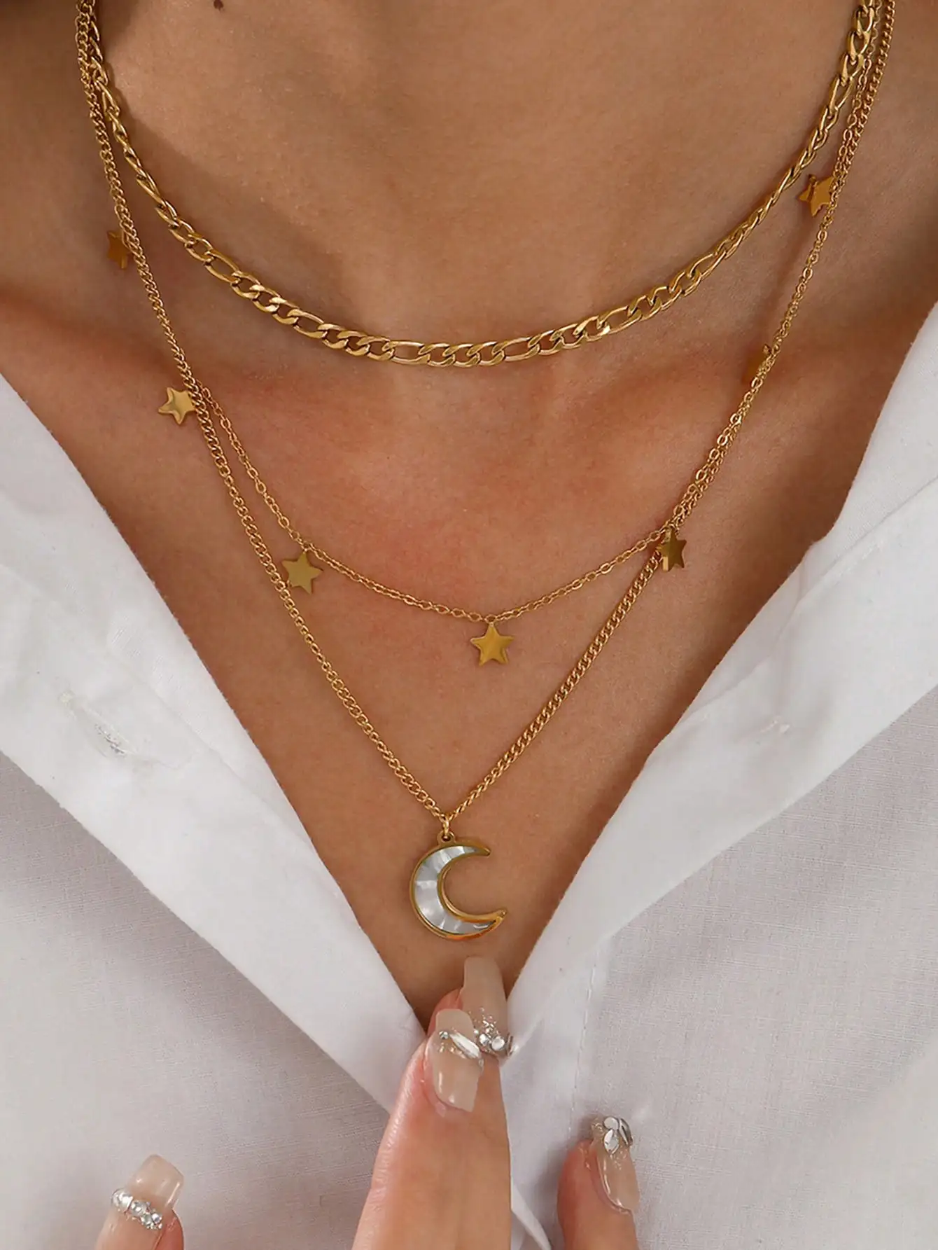 1 set of star moon inlaid shell stainless steel plated 18K real gold women\'s multi-layer necklace