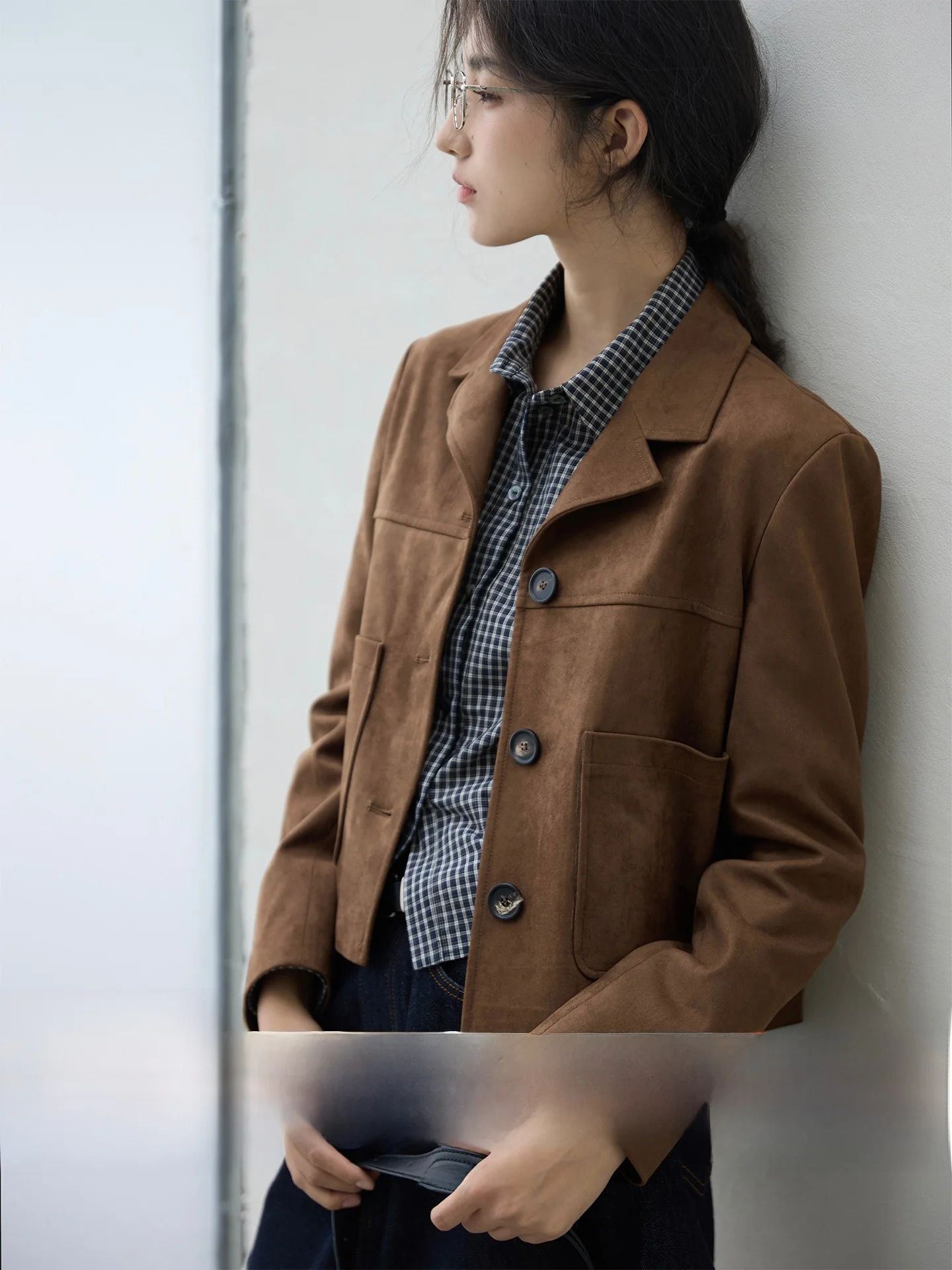 

Ginnkee Vintage Brown Suede ort Suit Jaet Women's oulder Lengthened Autumn Faionable Button ket Windproof Coat