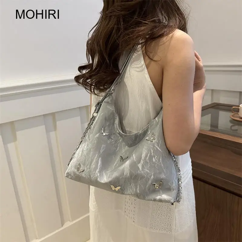 2026 Women Silver Butterfly Tote Bag Pu 3-Way Convertible Shoulder Bag for Travel