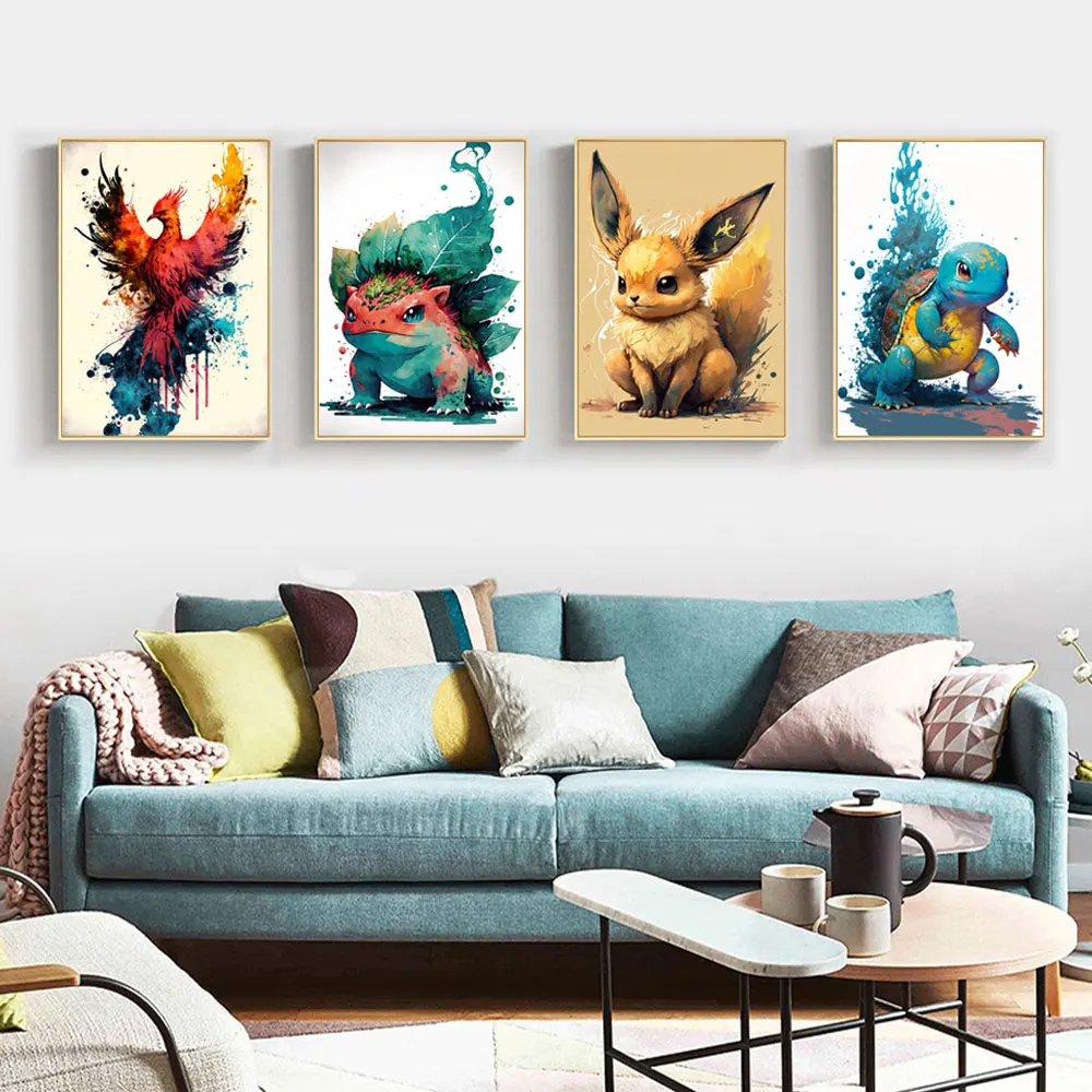 Anime Pokemon Peripherals Eevee Posters Pikachu Kawaii Picture Art Water Colours Canvas Painting for Kids Room Wall Decor Gifts