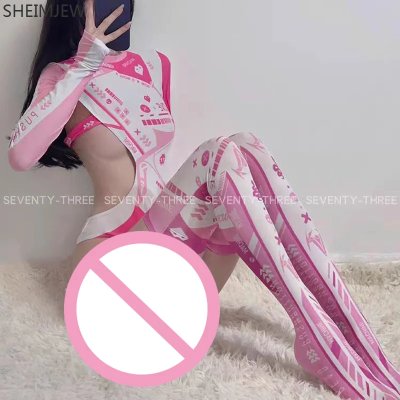 Mechanical Sexy Pink Snake Rabbit Cosplay Jumpsuit Hollow Long-sleeved Tight Jumpsuit Cute Mecha Print Side See-through Clothing