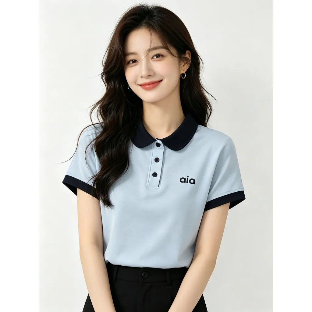 T-shirt polo à col contrasté pour femme, haut décontracté à manches courtes