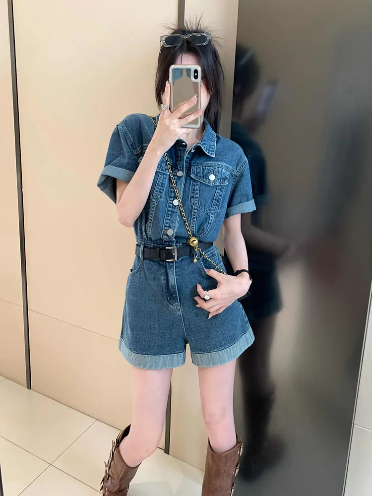 Women's Retro Denim Short Sleeved Jumpsuit Spring Summer New Waist Cinched Wide Leg Pants Fashion Lapel Large Pocket Jumpsuits