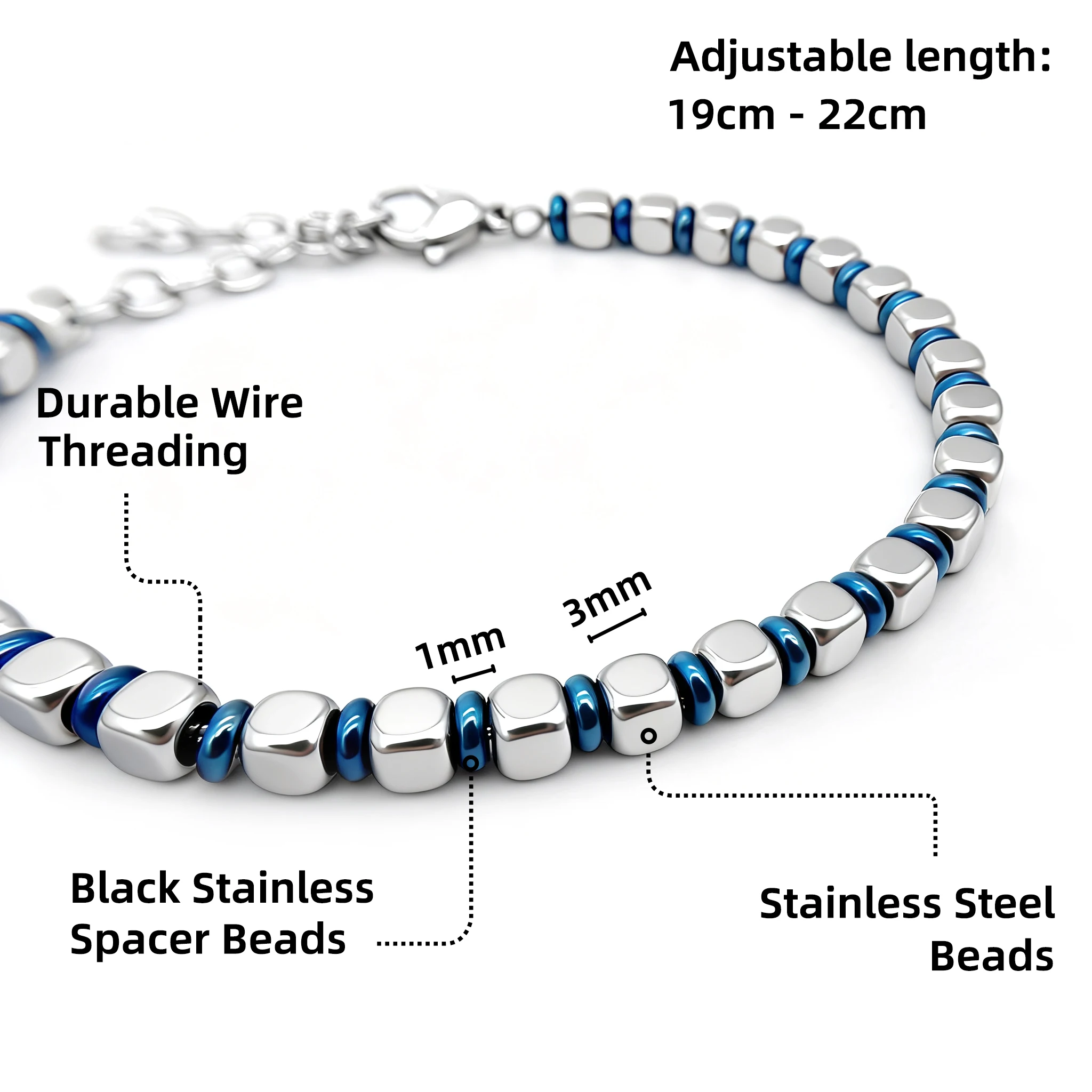 سوار روندا الرجالي المطرز من الفولاذ المقاوم للصدأ مع حلقة زرقاء قابلة للتعديل مقاس 22 سم مجوهرات مصنوعة يدويًا