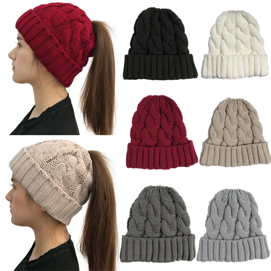 New Fashion personality Women girl Winter Stretch Crochet Knitted Hat Messy Bun Ponytail Beanie Holey Warm caps Headband gift