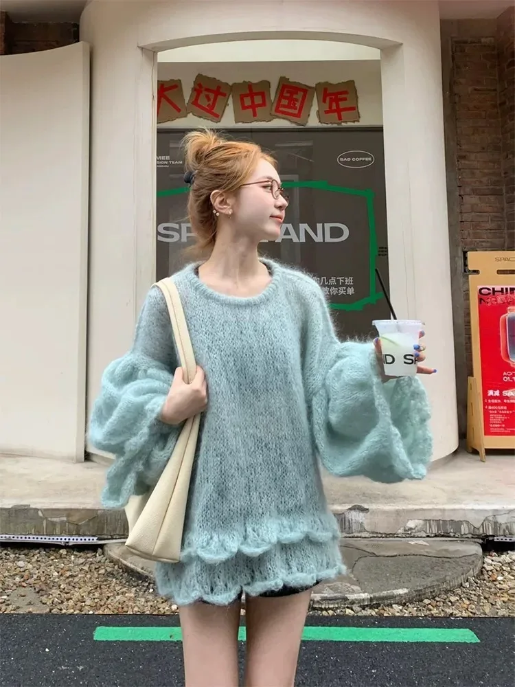 Women Green Pullover Knitted Sweater Harajuku Y2k Long Sleeves Sweater Jumper 90s Vintage 2000s Aesthetic Female Clothes Autumn