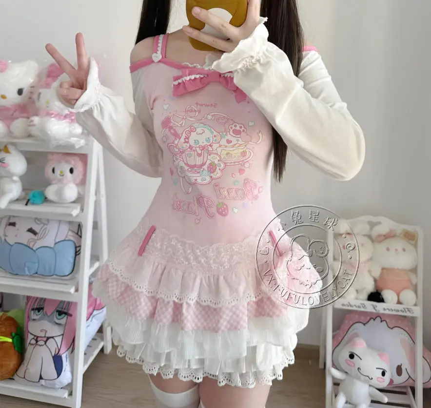 ابنة بنات لوليتا خارج الكتف فستان قصير Kawaii الكرتون طباعة انفصال هود سليم كم طويل تي شيرت فساتين