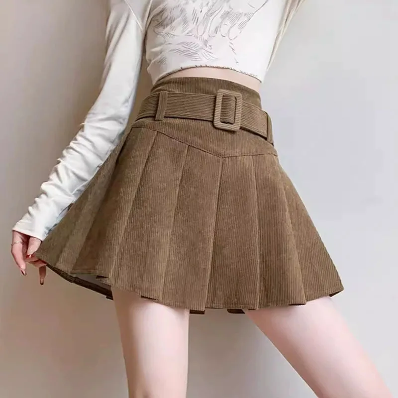 

Autumn Winter Short Pleated Skirts for Women Vintage High Waisted Corduroy Skirts Female Korean Fashion with Belt Mini Skirts