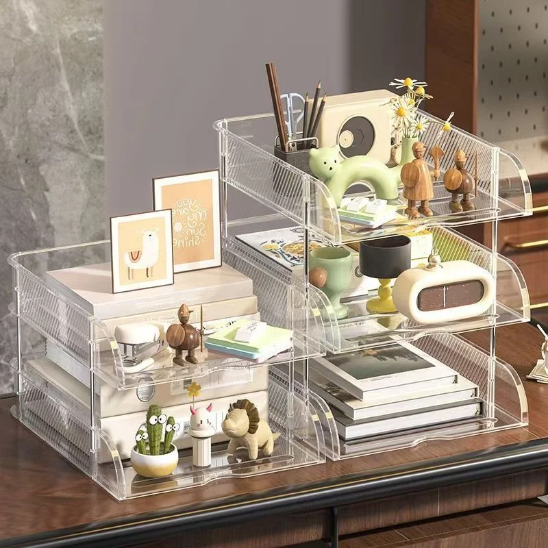 1Pc/Multi-Layer Transparent Desktop File Storage Rack Acrylic Office Document Tray Desk File and Book Organizer