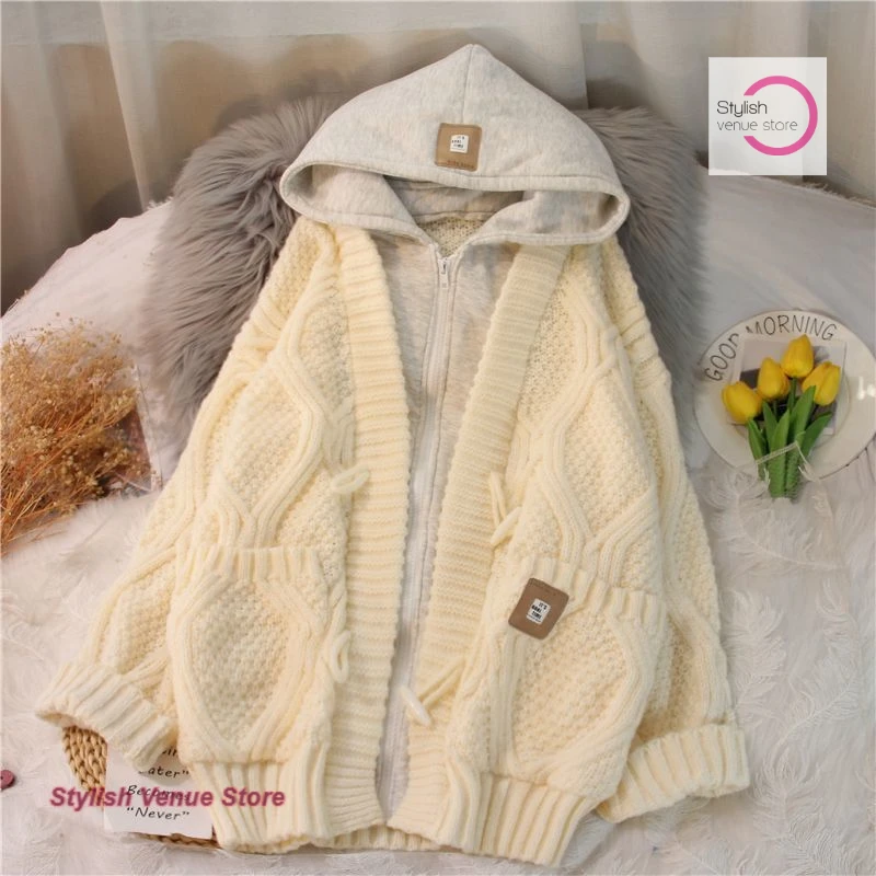 

French style fake two-piece hooded sweater coat women's autumn and winter new fashion twist loose lazy wind long knit cardigan.