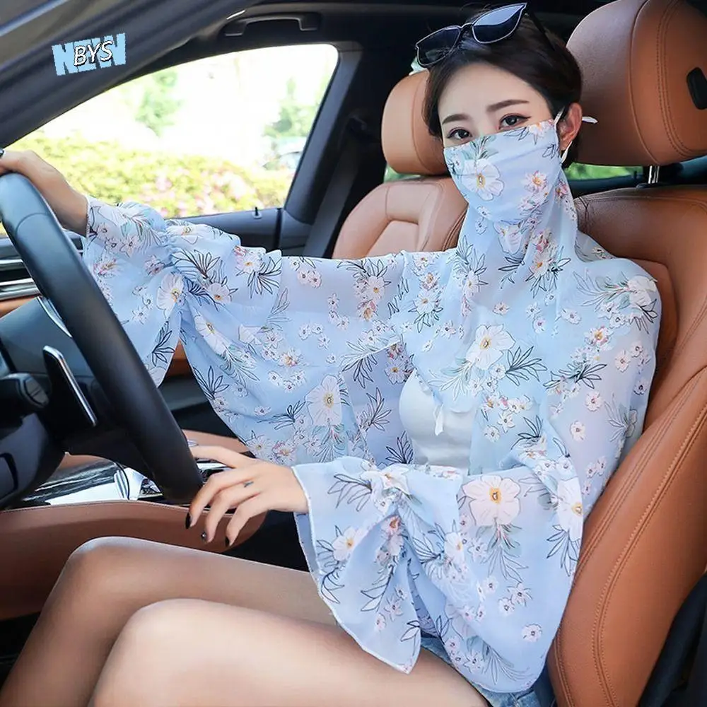 

Cooling Sleeves Summer Sunscreen Sleeves Transparent Floral Flower Arm Sleeves With Mask Veil Long Sleeve Women Chiffon Shawls