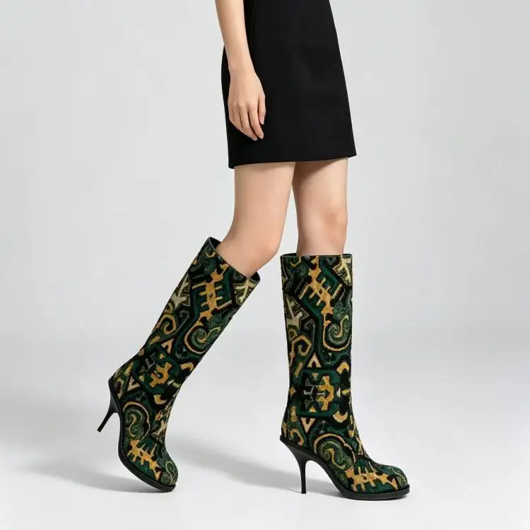 Crystal PU Leather Pointed Toe Knee-High Fashion Women Boots Stiletto High Heels Side Zipper Design Large Size Shoes