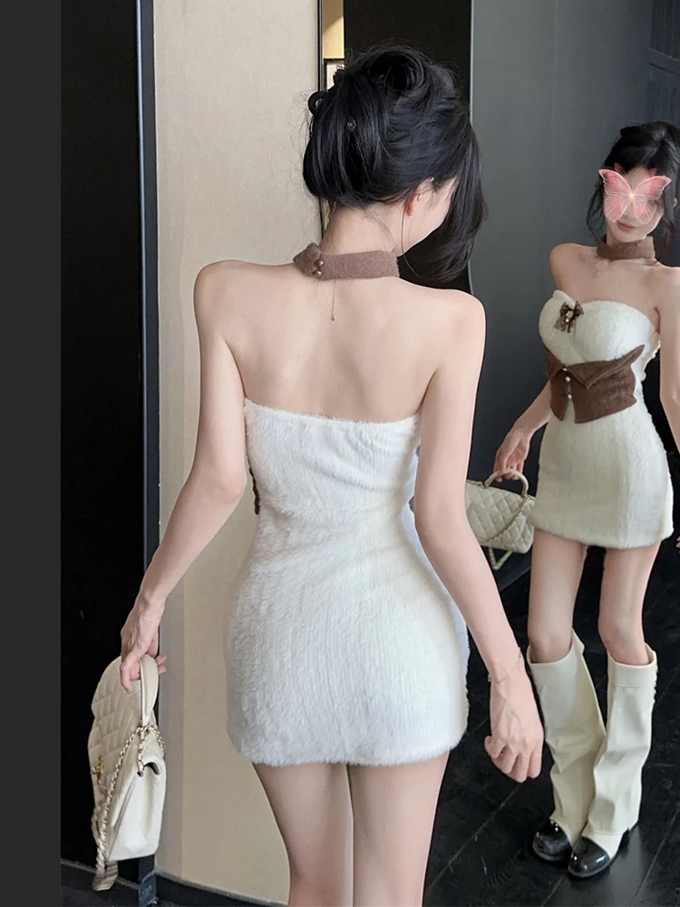 REDDACHiC خمر التباين فستان منسوج مع المختنق فروي القوس بروش مشد Bodycon فستان أنبوبي صغير Cutecore الشتاء ملابس حريمي #4