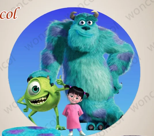 Monsters, Inc. Runder Hintergrund Boo Mike Wazowski James P. Sullivan Geburtstagshintergrund Monsters, Inc. Zylinderabdeckung Fototermin-Requisite