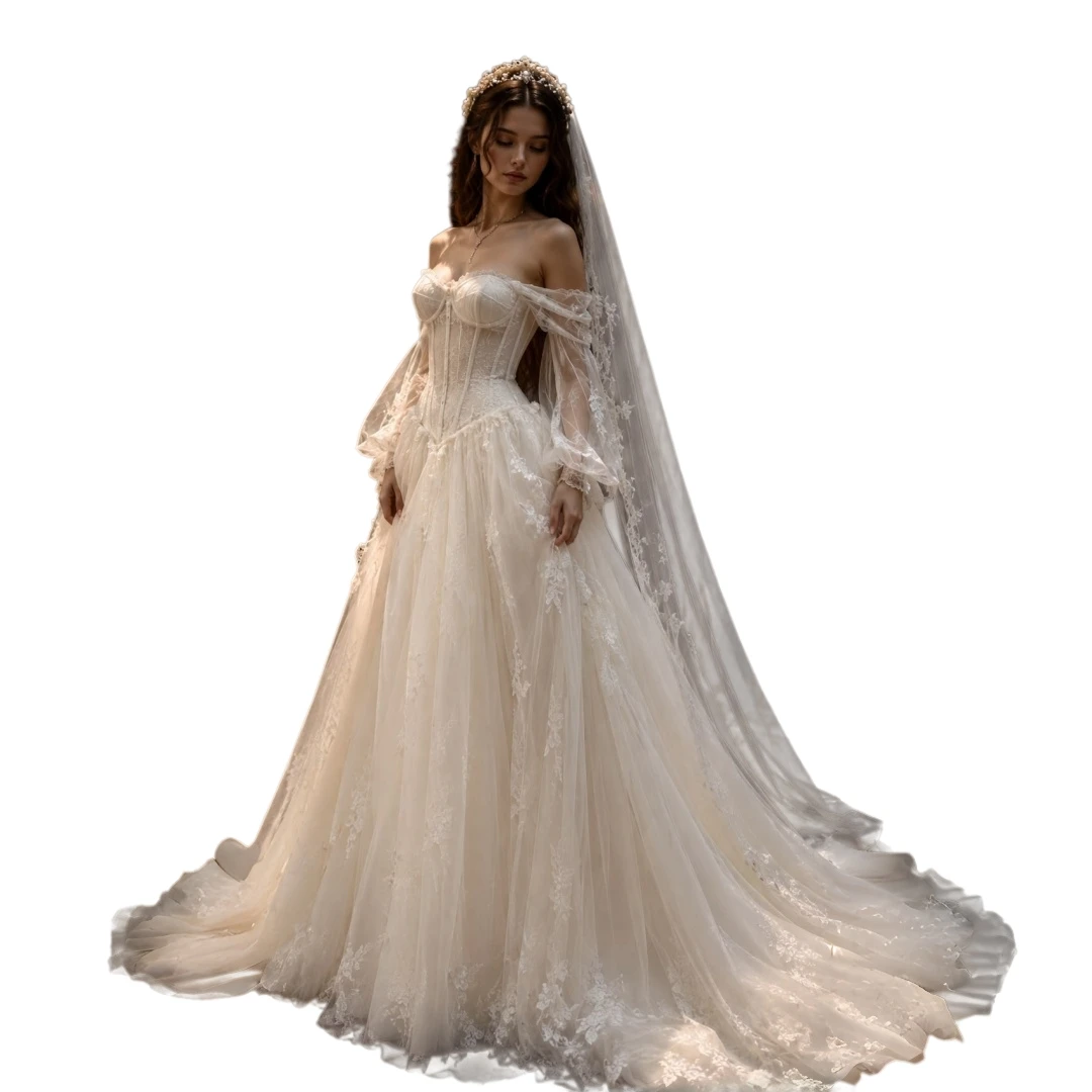 Off Shoulder Puff Long Sleeve Lace Corset Wedding Dress A Line Tulle Vintage Romantic Forest Fairy Bridal Gown Customized