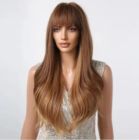 

Brown Blonde Wavy Synthetic Wigs for Black Women Long Natural Wave Brown Hair Cosplay Wigs With Bangs Heat Resistant Daily Party