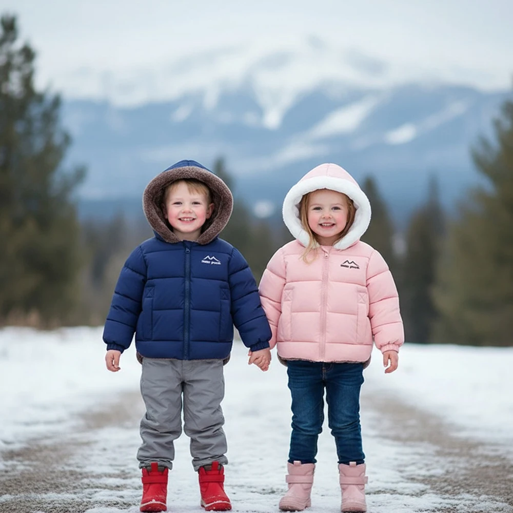 

Winter Unisex Kids Reversible Solid Hooded Jacket – Double-Sided Polyester Puffer Coat, Windproof & Water-Resistant, 3-10 Years