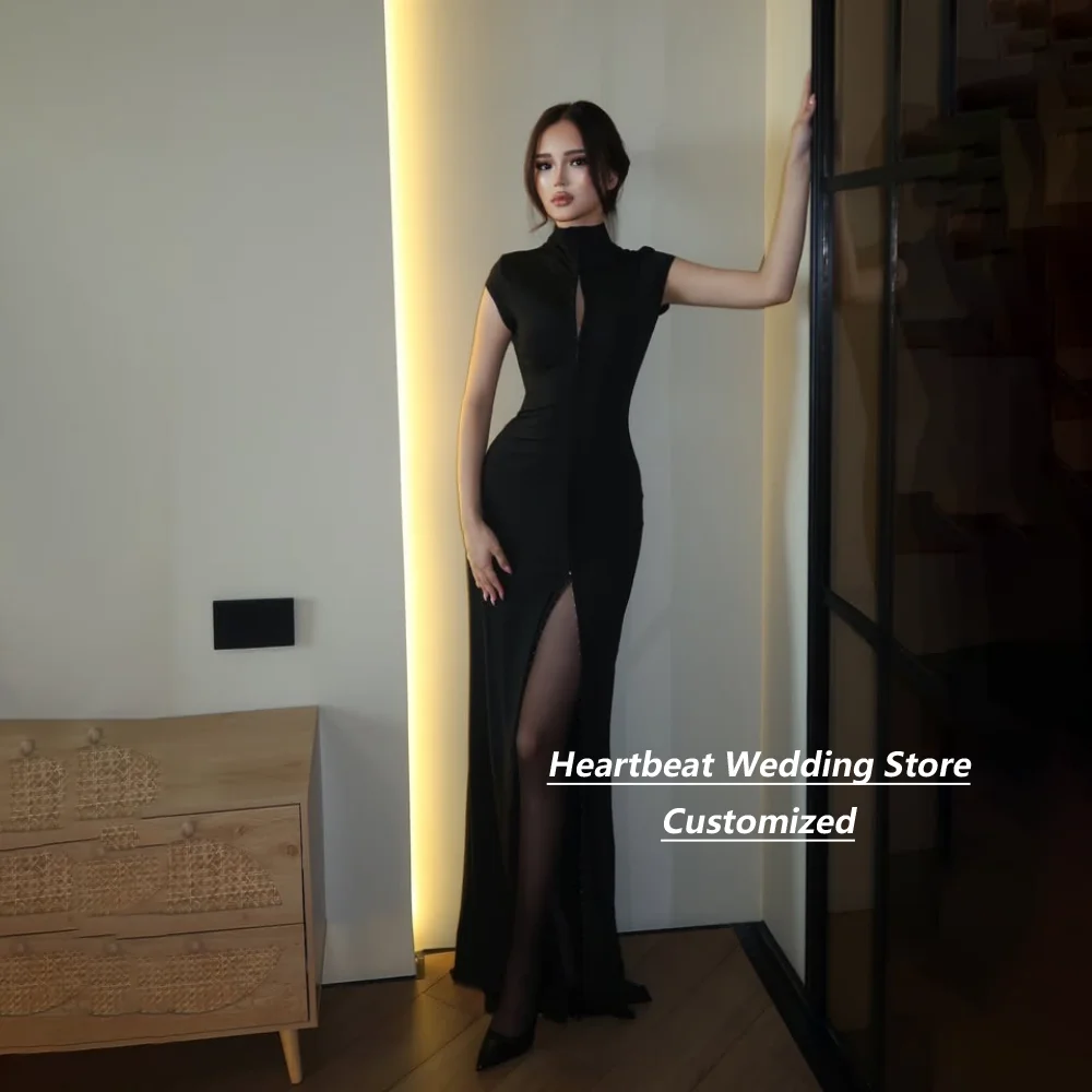 Customized Black Jersey Evening Dresses High Neck Cap Sleeve Front Zip Ruched High Slit  Mermaid Floor Length Party Maxi Gown
