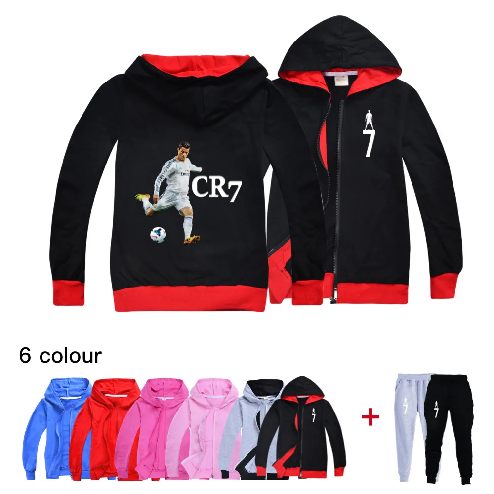 Ensemble sweat à capuche et pantalon à fermeture éclair pour garçons, haut pour enfants, vêtements chauds, étoile de football, PVD, Ronaldo, CR7, 2 pièces