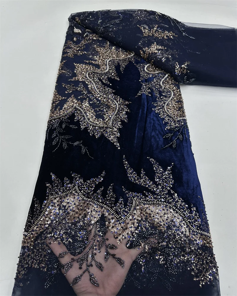 

High-End Handmade Beads Embroidery Velvet Net Lace Fabric Luxury Fashion Design Sequins Lace Fabric For Women's Wedding Dress