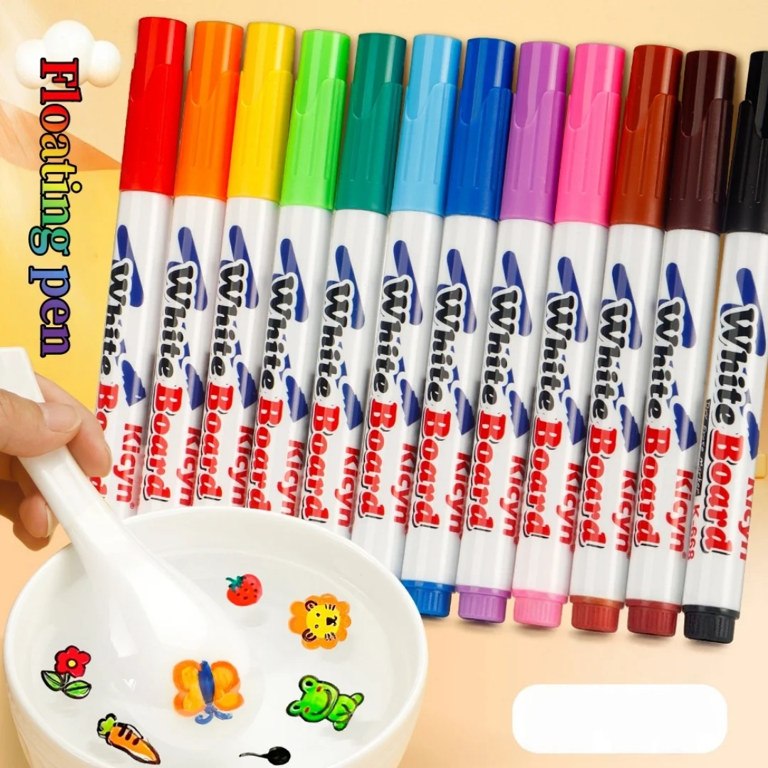

12 Colors Water Floating Pen Set with Spoon, Dry Erase Whiteboard Markers for Student Art Painting and Educational Supplies
