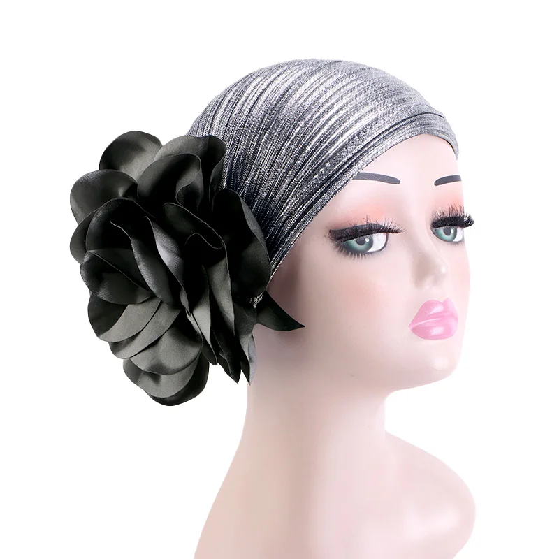 New Women Gold Silver Big Flower Turban Hijab Bonnet Muslim  Indian Hat Elastic Chemo Beanies Chemo Cap African Hat Headwear - view 6