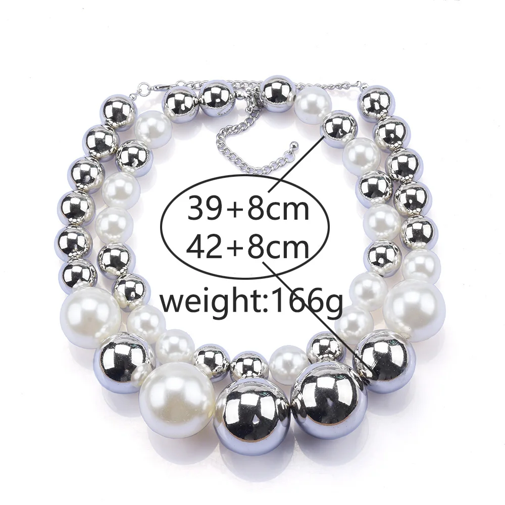 2024 New ZA Fashion Double Layer Imitation Pearls Large Collar Choker Necklace Women Silver Color Acrylic Beads Necklace Jewelry