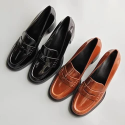 Mrxmus Duti2024 New Women Spring Fashion Square Head Glossy Leather Shoes Solid England Style Low Heel Commute Shoes Female Chic