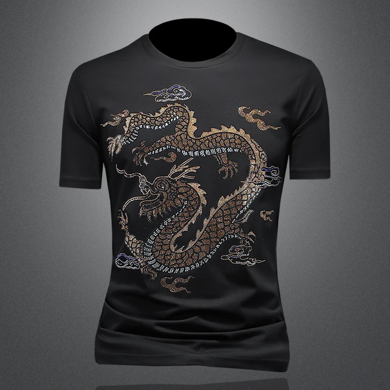 Rhinestone Dragon Premium T Shirt For Men Short Sleeved Slim Fit Summer Quality Cotton Blends Fashion Casual Camisetas De Hombre