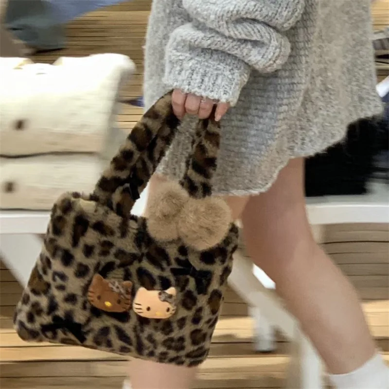 Sanrio Hello Kitty Y2K Cartoon Hairy Leopard Print Handbag Winter Bag Large Capacity Storage Creative Wallet A Gift for Girls