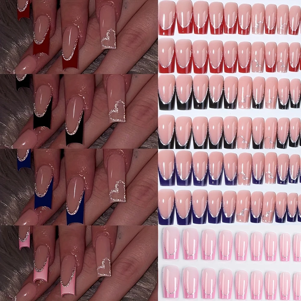 4color Medium Coffin French Fake Nails Black Red With Silver Glitter Full Cover False Nails Mixed Acrylic 96pcs Press On Nails