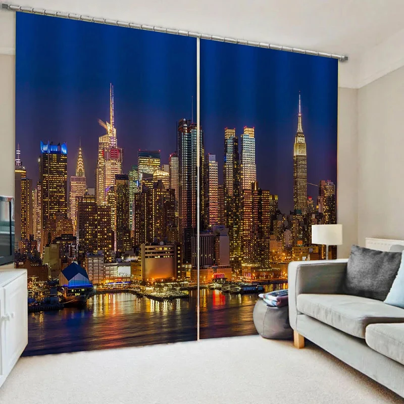 

New York City Print Window Curtains NYC Midtown Skyline in Evening Skyscrapers Photo Living Room Bedroom Window Drapes cortinas