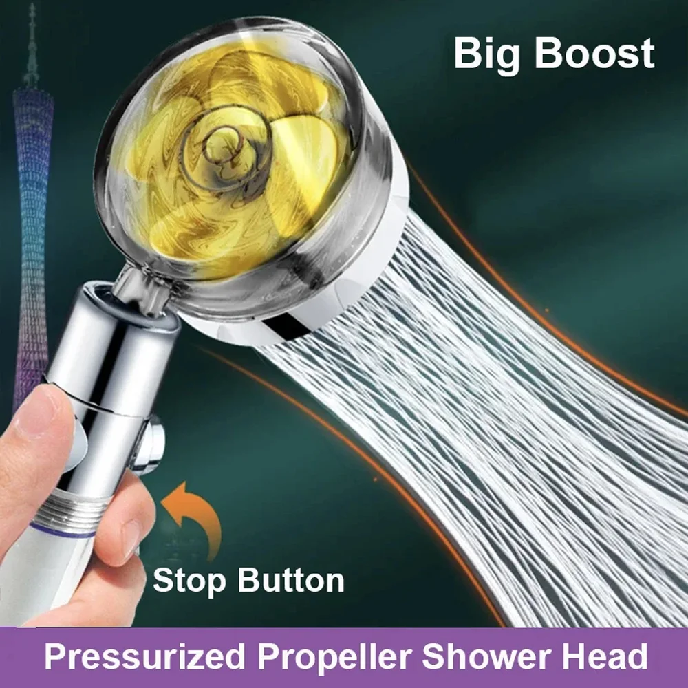 Propeller Large Flow Shower Head High Pressure Water Saving Supercharged Turbo Shower Fan Filter Rainfall Bathroom Showerhead