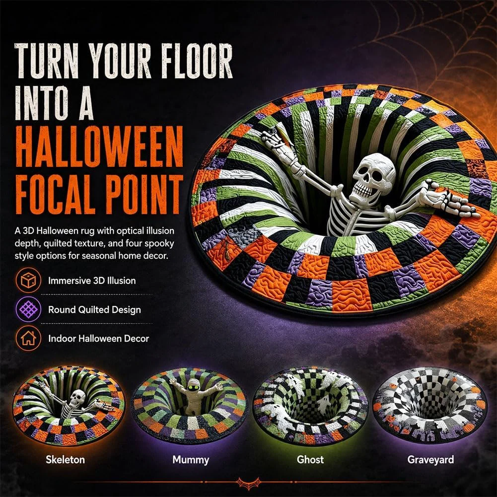 Halloween Spooky-Creepy Party Decor Mat 3D Visual Optical Floor Mat Round Skeleton-Vortex Padded Festive Atmosphere Decoration