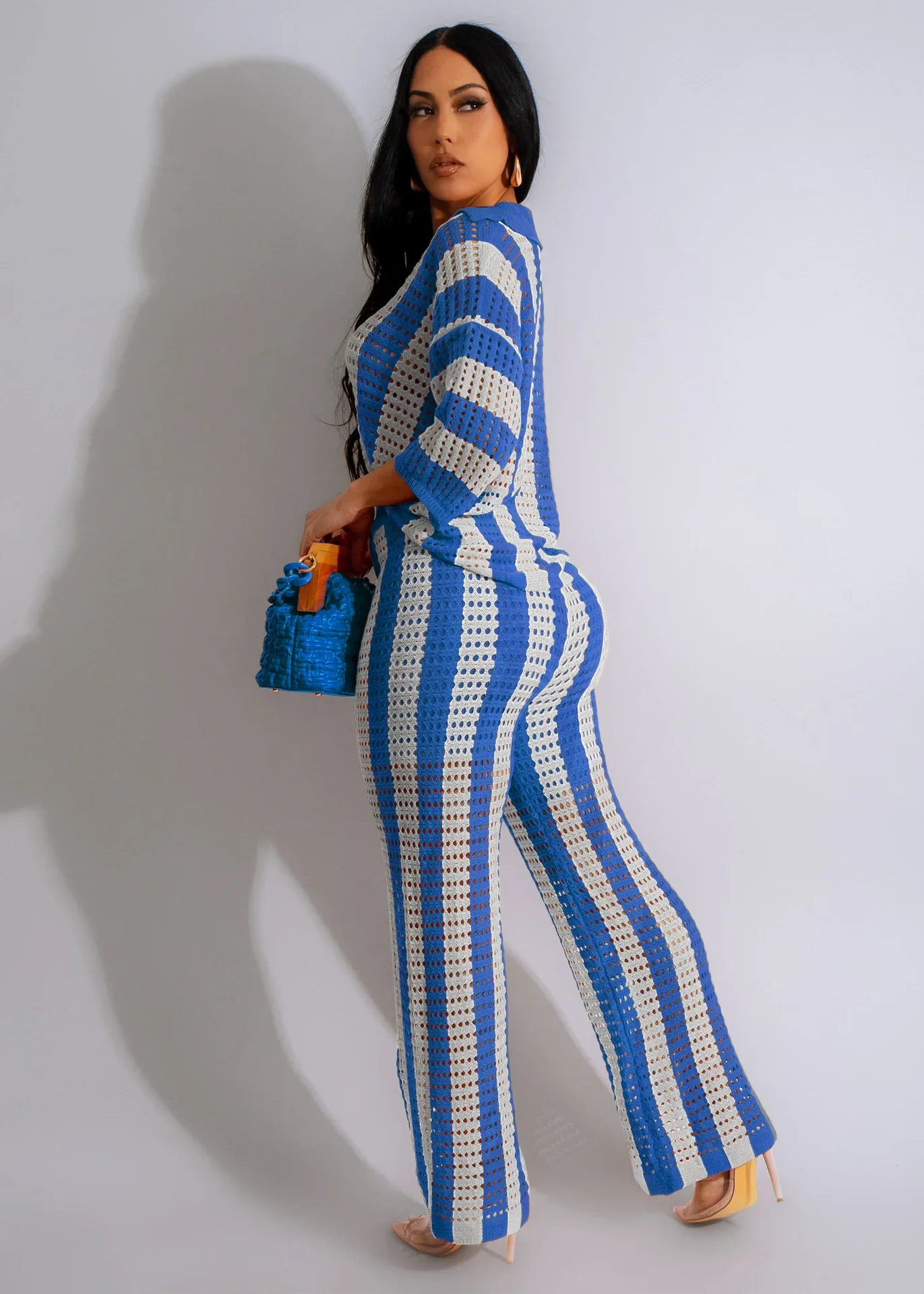 Matching Sets Two Pieces Hollow Out Knitted Striped Sweaters V Neck Loose Wide Leg Pants Pockets Women Tracksuit Casual