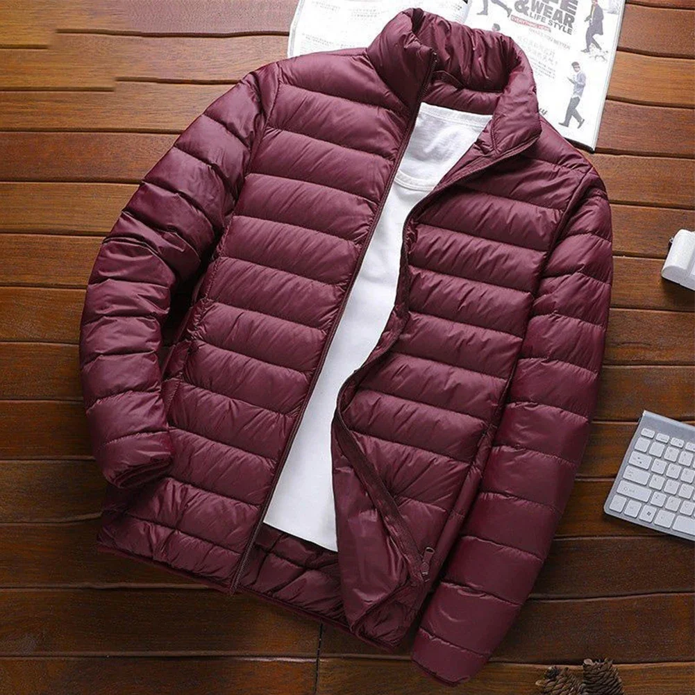 Lightweight Packable Cotton Coat Jacket for Men Solid Color Winter Top with Long Sleeve and Stand Collar Ideal for Vacation