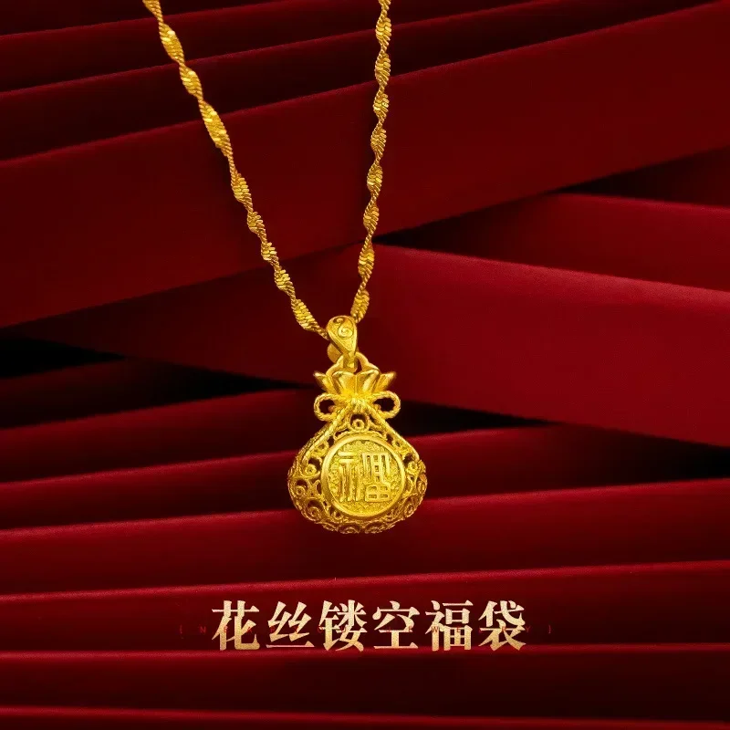 Eldorado Gold  9999 Real Gold 24K Vintage Hollow Silk Lucky Bag Pendant Pure Gold Silk Fortune Money Bag Ladies Clavicle Necklac